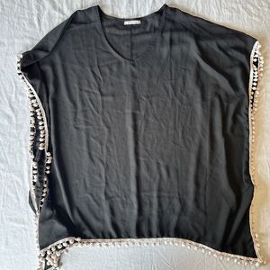 Adreamly Women's BlackWhite Pompom CoverUp BeachPool Vacation Lightweight OS E22